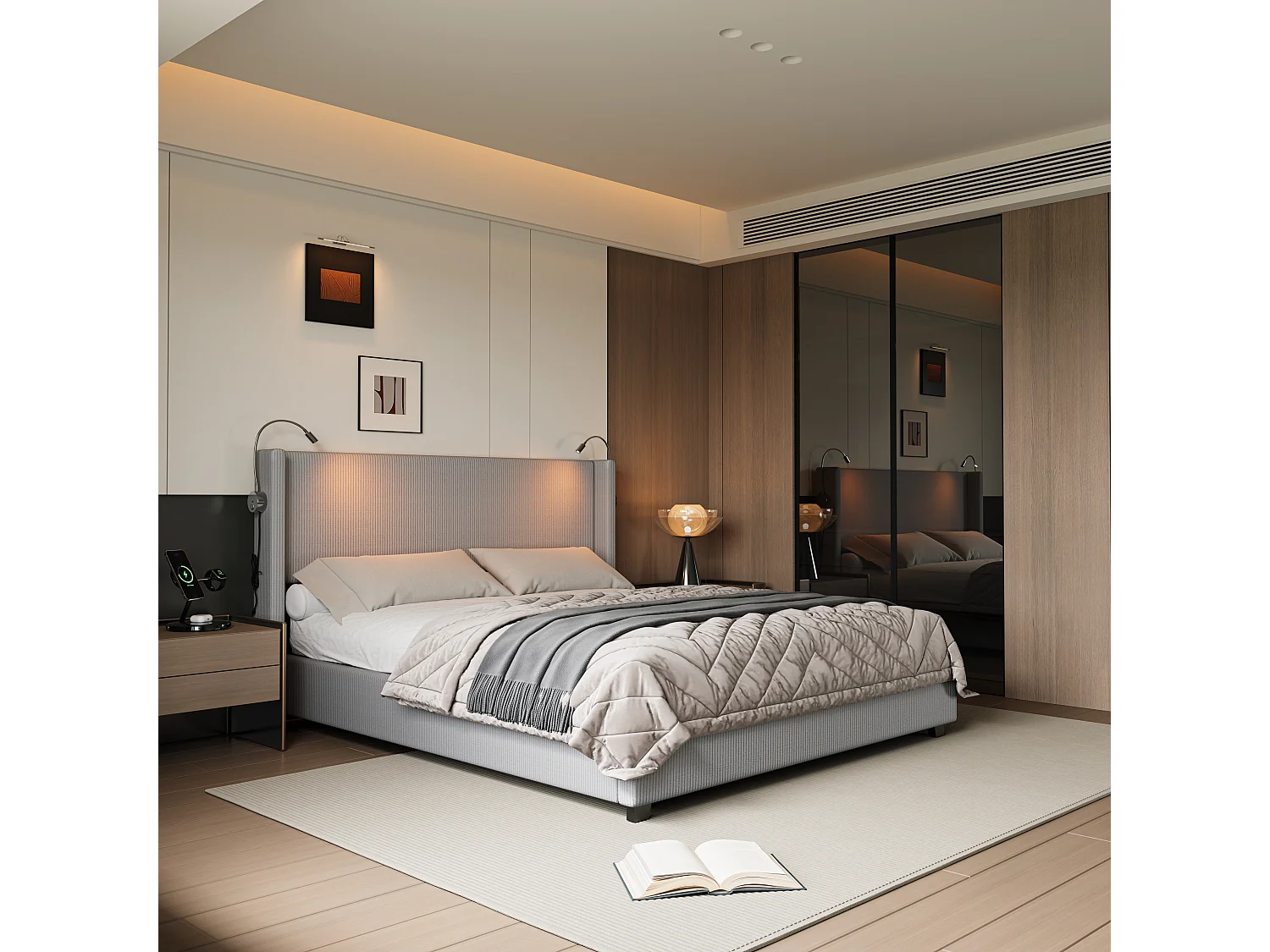 Lit 140 x 200 avec Sommier Coffre, Lit Deux Place avec Liseuse, USB et Fonction de Rangement, gris