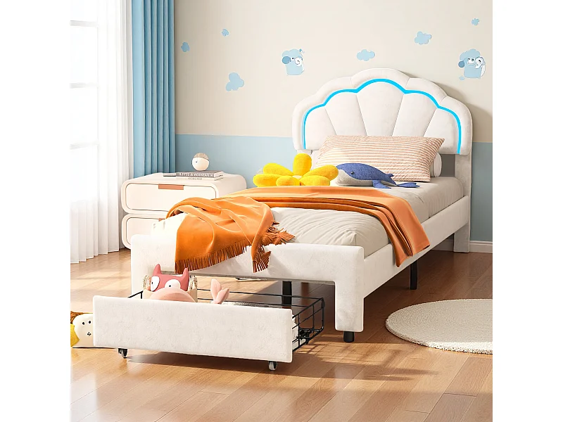 Gestoffeerd bed 90 x 200 cm, met LED, met lades, met lattenbodem, fluweel, wit