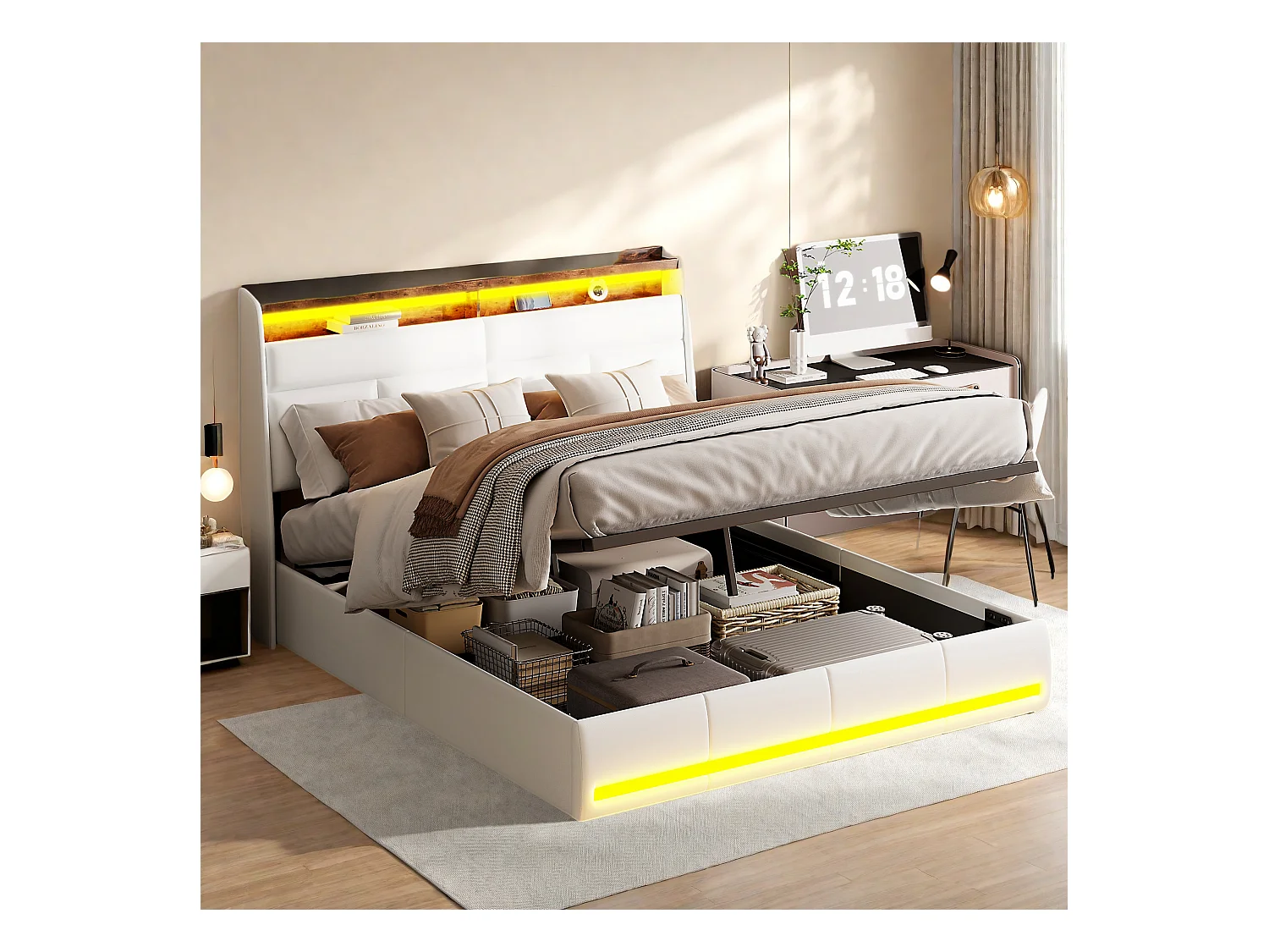 Lit Coffre 140 x 200 cm, avec Sommier à Lattes, Lits 2 Personnes avec lumière LED en PU, Blanc