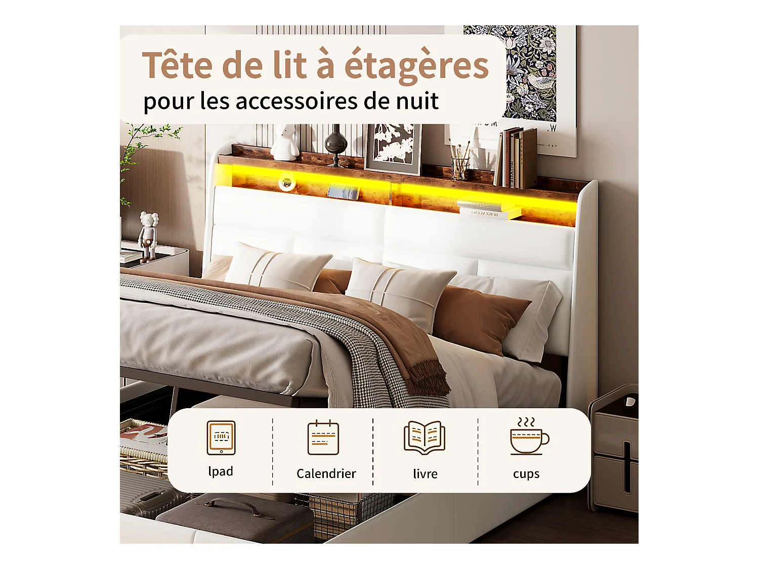 Lit Coffre 140 x 200 cm, avec Sommier à Lattes, Lits 2 Personnes avec lumière LED en PU, Blanc