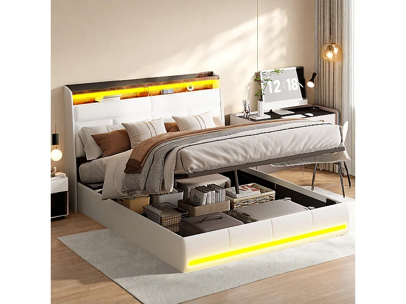 Lit Coffre 140 x 200 cm, avec Sommier à Lattes, Lits 2 Personnes avec lumière LED en PU, Blanc