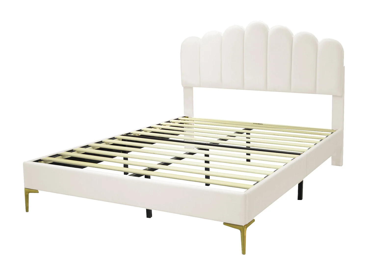Cama de casal estofada 140 x 200 cm com cabeceira e estrado de ripas, para adulto, veludo, bege