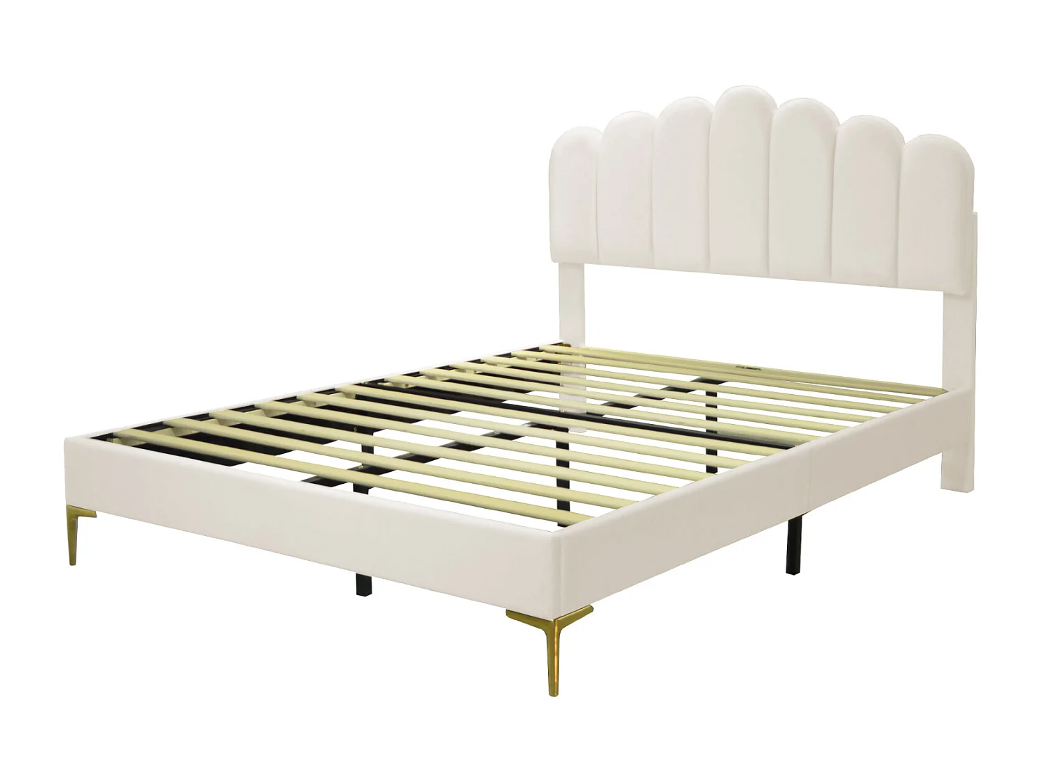 Cama de casal estofada 140 x 200 cm com cabeceira e estrado de ripas, para adulto, veludo, bege