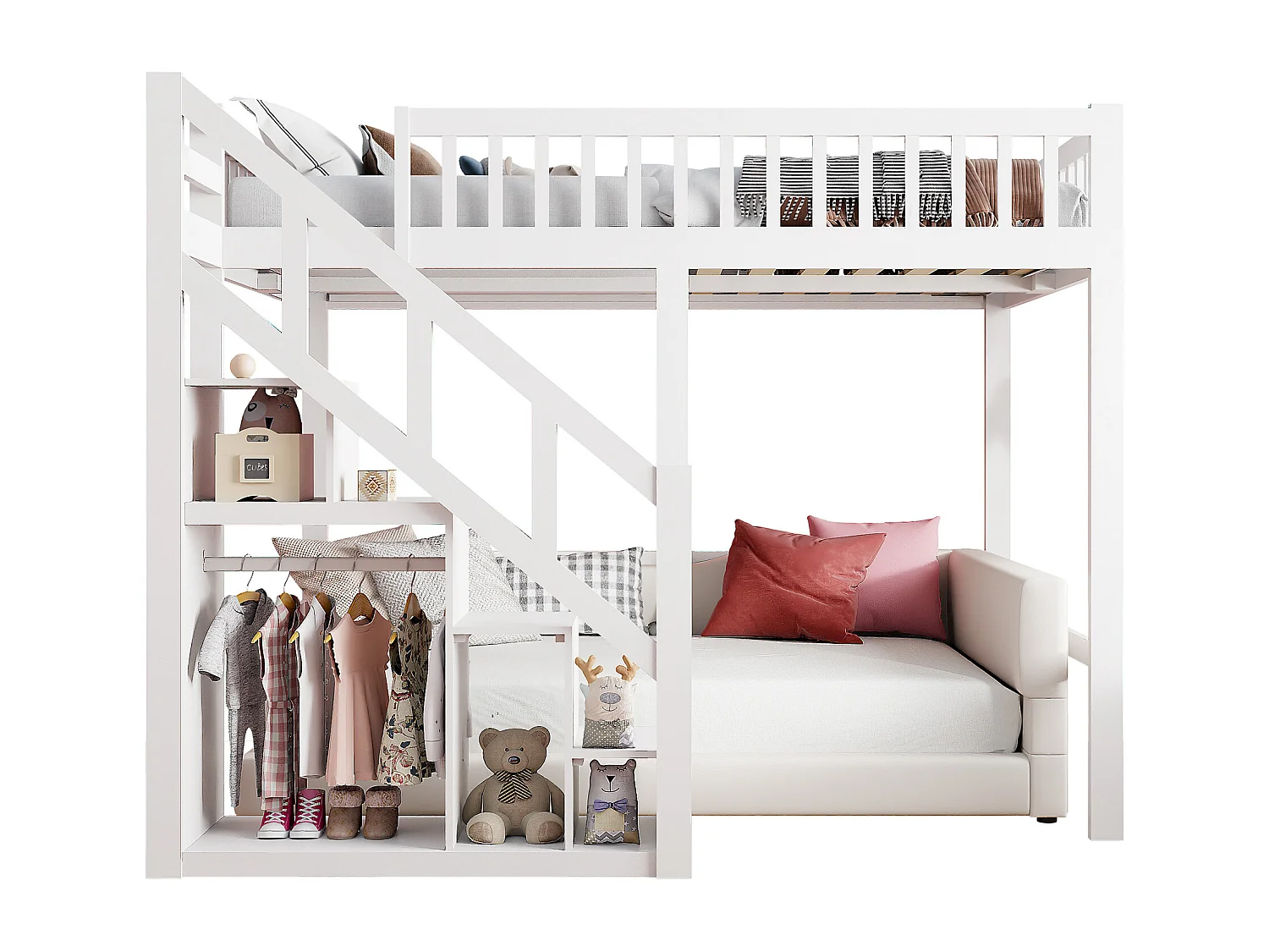 Lit Mezzanine 140 x 200 cm, Multifonctionnel Lit Mezzanine Enfant avec Escaliers et Rangement, Blanc