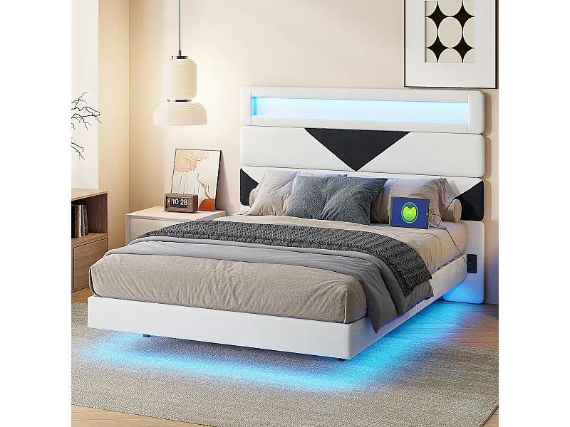 Cama flotante de diseño de 160 x 200 cm con LED y USB, estructura de cama doble con base, terciopelo blanco