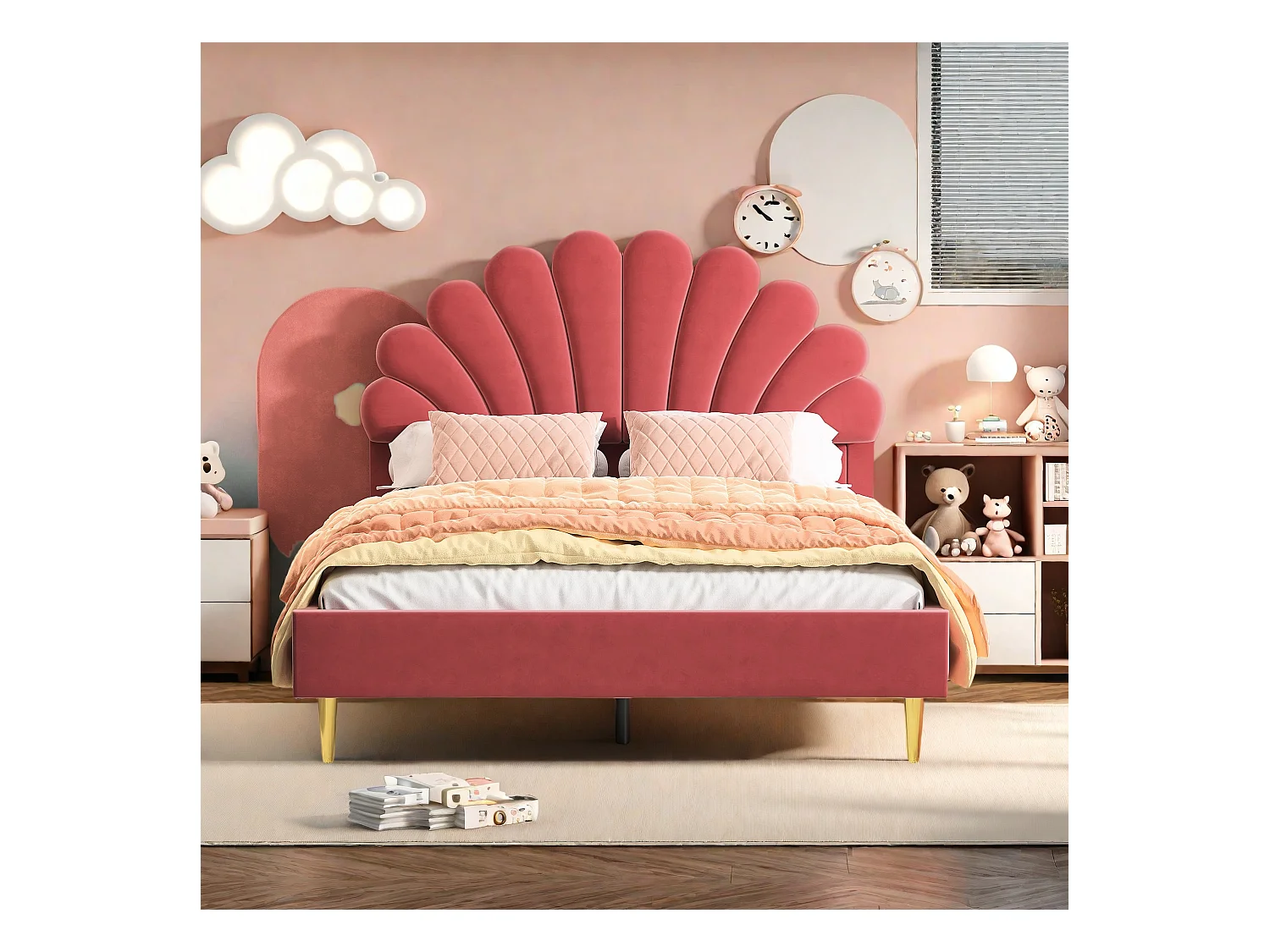 Tweepersoonsbed 140 x 200 cm, gestoffeerd, met bloemvormig hoofdbord en lattenbodem, rood