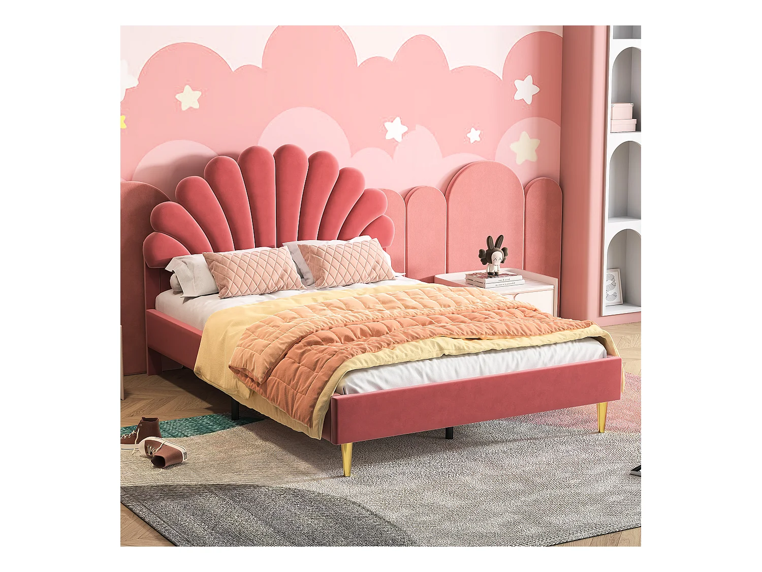 Tweepersoonsbed 140 x 200 cm, gestoffeerd, met bloemvormig hoofdbord en lattenbodem, rood