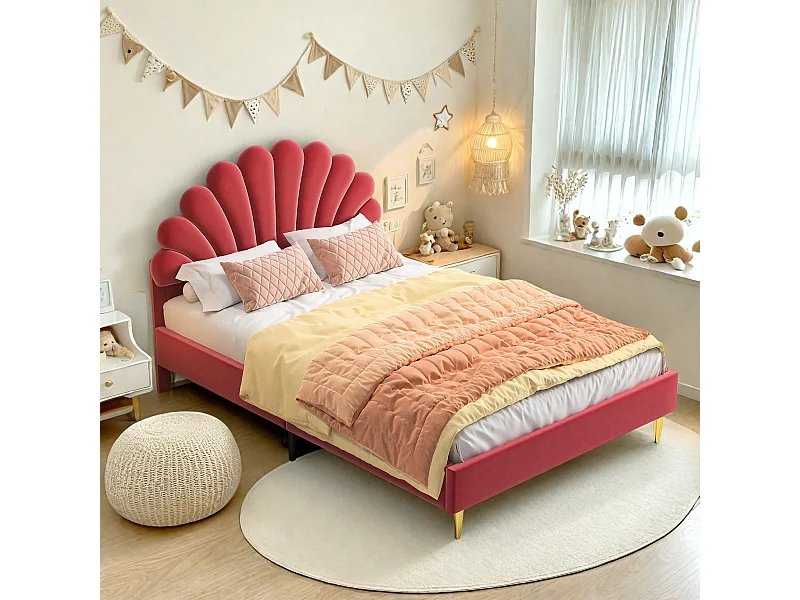 Tweepersoonsbed 140 x 200 cm, gestoffeerd, met bloemvormig hoofdbord en lattenbodem, rood