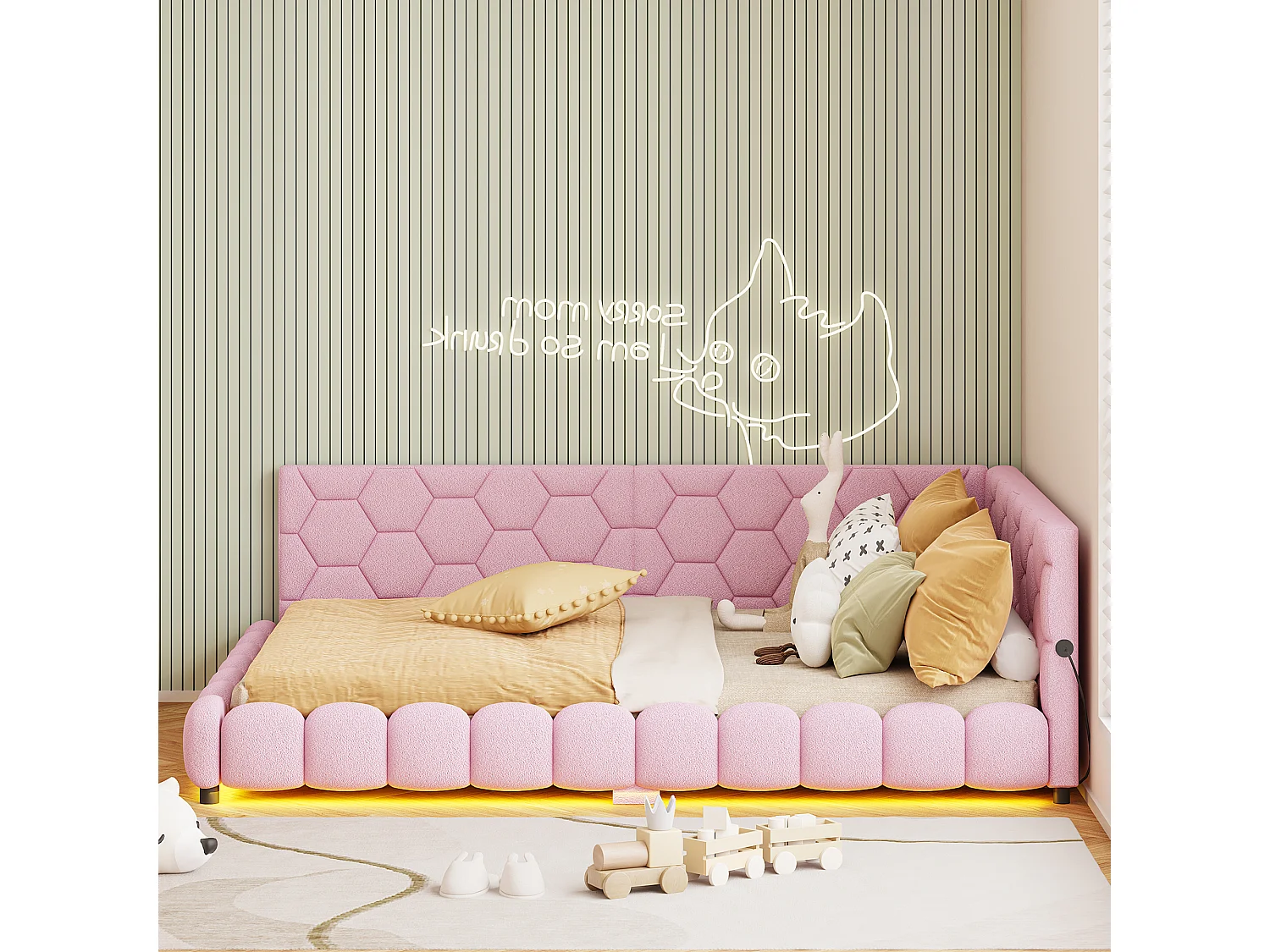 Divano letto matrimoniale imbottito 140 x 200 cm con LED e USB, struttura letto con rete a doghe, rosa