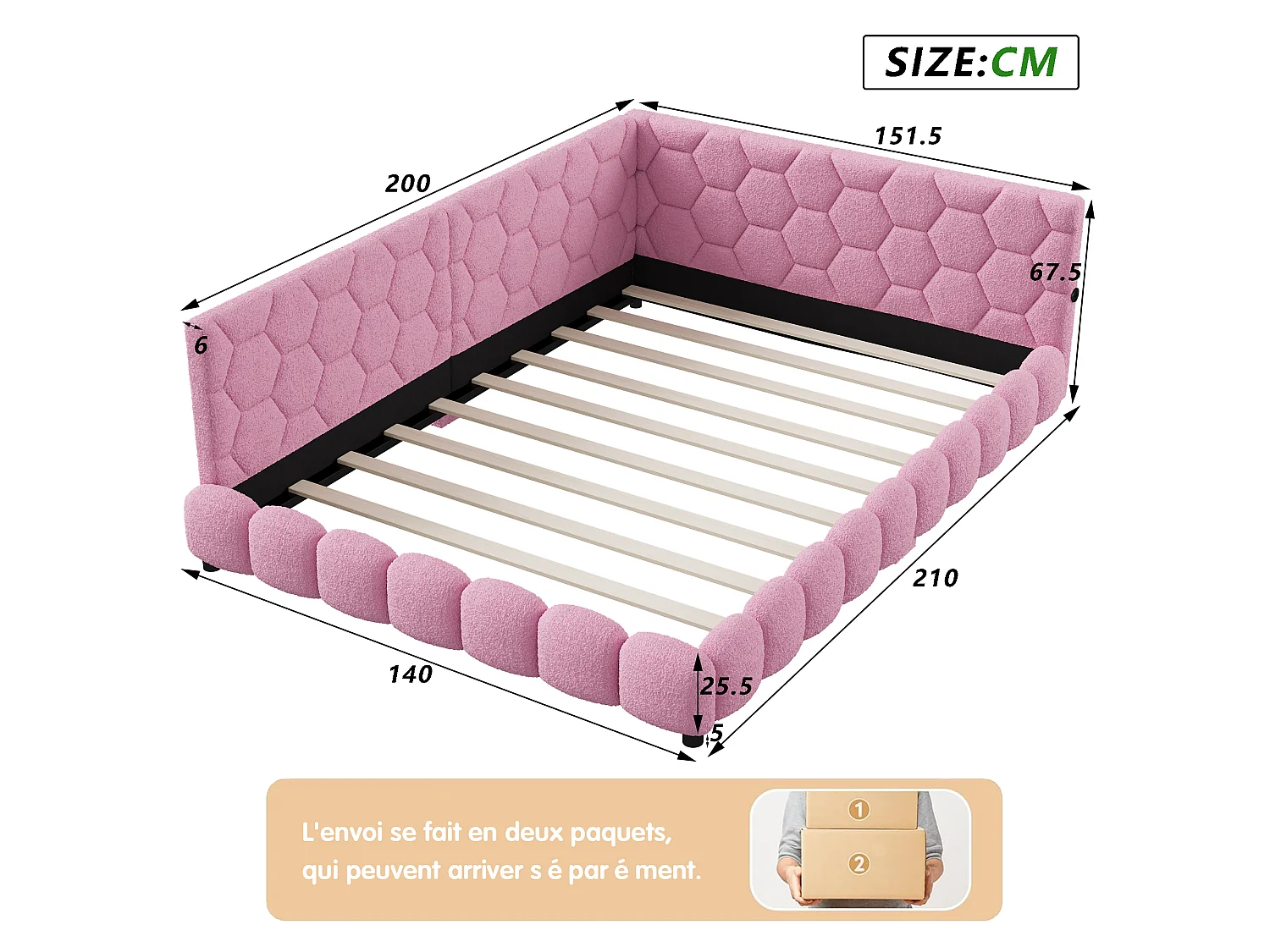 Divano letto matrimoniale imbottito 140 x 200 cm con LED e USB, struttura letto con rete a doghe, rosa