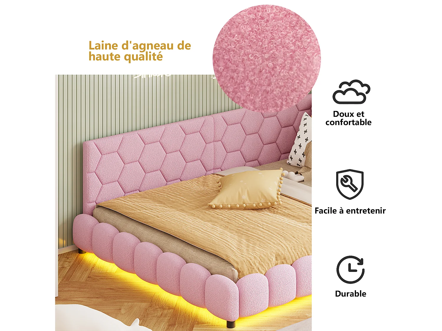Divano letto matrimoniale imbottito 140 x 200 cm con LED e USB, struttura letto con rete a doghe, rosa