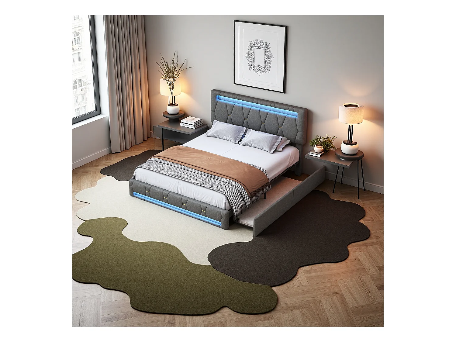 Cama de casal estofada 160 x 200 cm, LED, com estrado de ripas, arrumação, Cinza