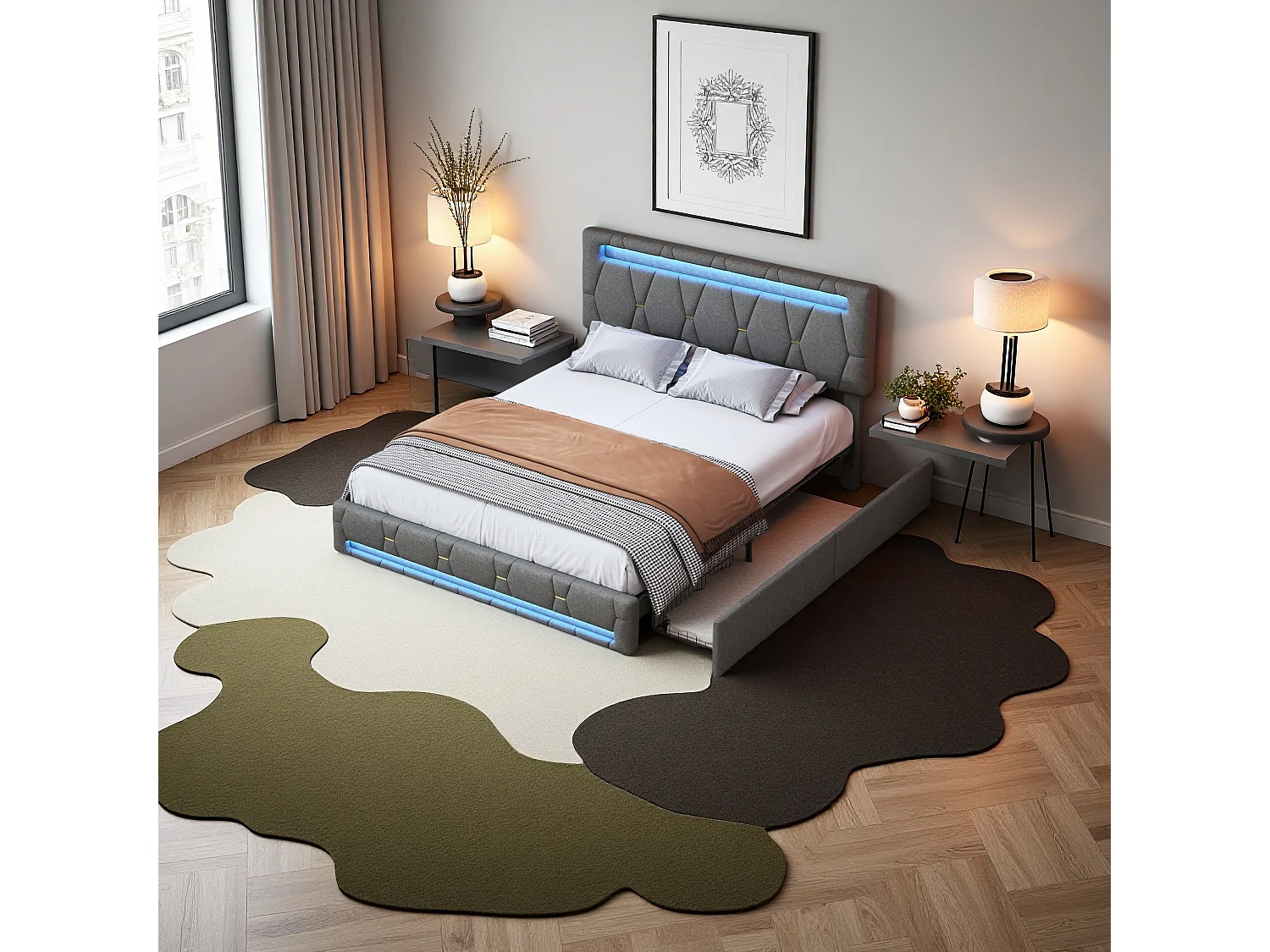 Gestoffeerd tweepersoonsbed 160 x 200 cm, LED, met lattenbodem, opbergruimte, Grijs