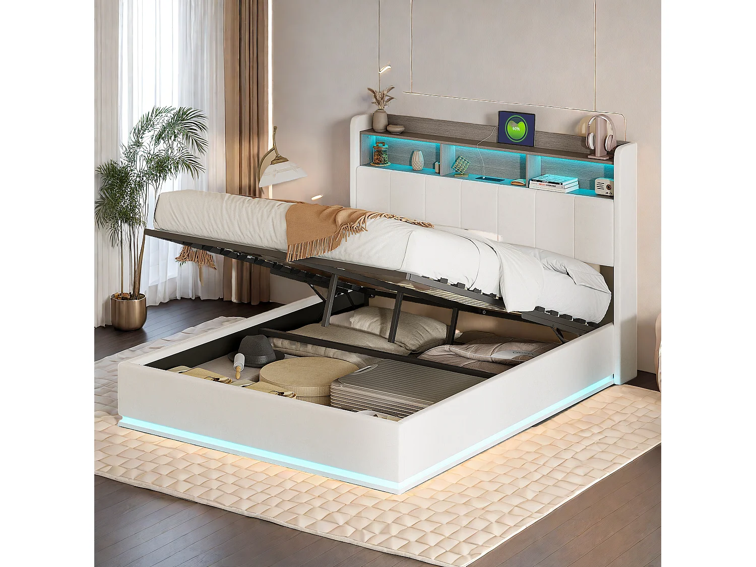 Cama Canapé 160x200 Cama de matrimonio tapizada, con LED y USB, somier de láminas, Terciopelo, Blanco