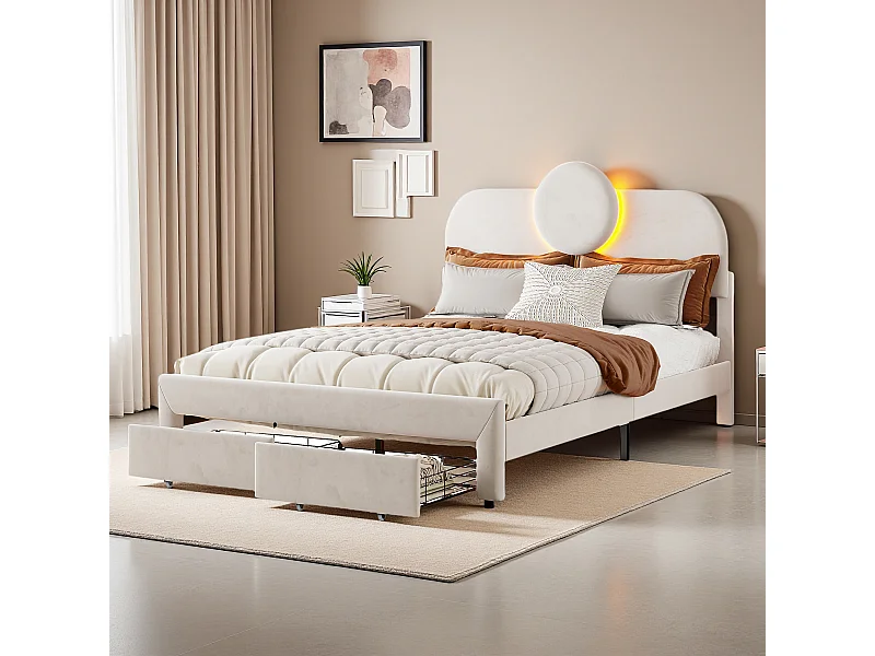 Cama tapizada 140x200 cm con LED y 2 cajones, con cabecero ajustable, somier de láminas, color beige