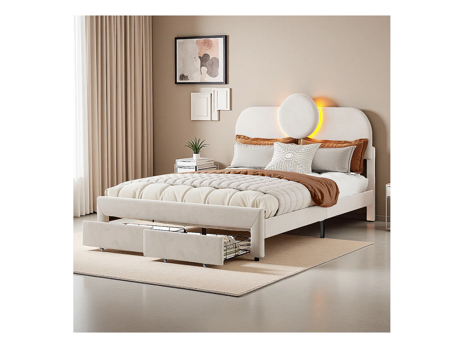 Cama tapizada 140x200 cm con LED y 2 cajones, con cabecero ajustable, somier de láminas, color beige