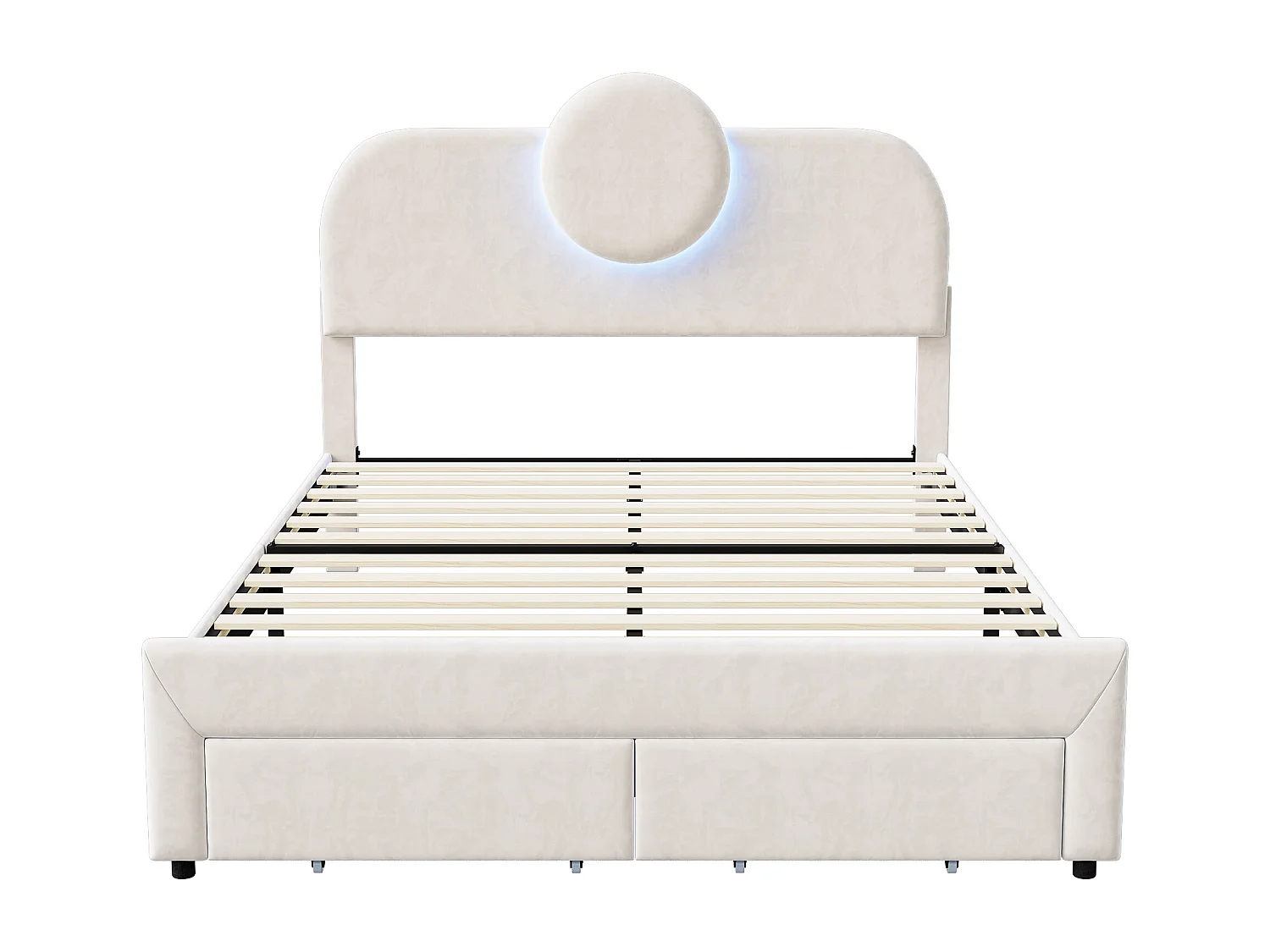 Lit Rembourré 140x200 cm avec LED et 2 Tiroirs,avec tête de lit réglable, Sommier à Lattes, Beige