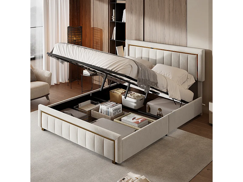 Lit Coffre 160x200 de Rangement, Lits Double avec Hydraulique et sommier à Lattes, Velours, Beige