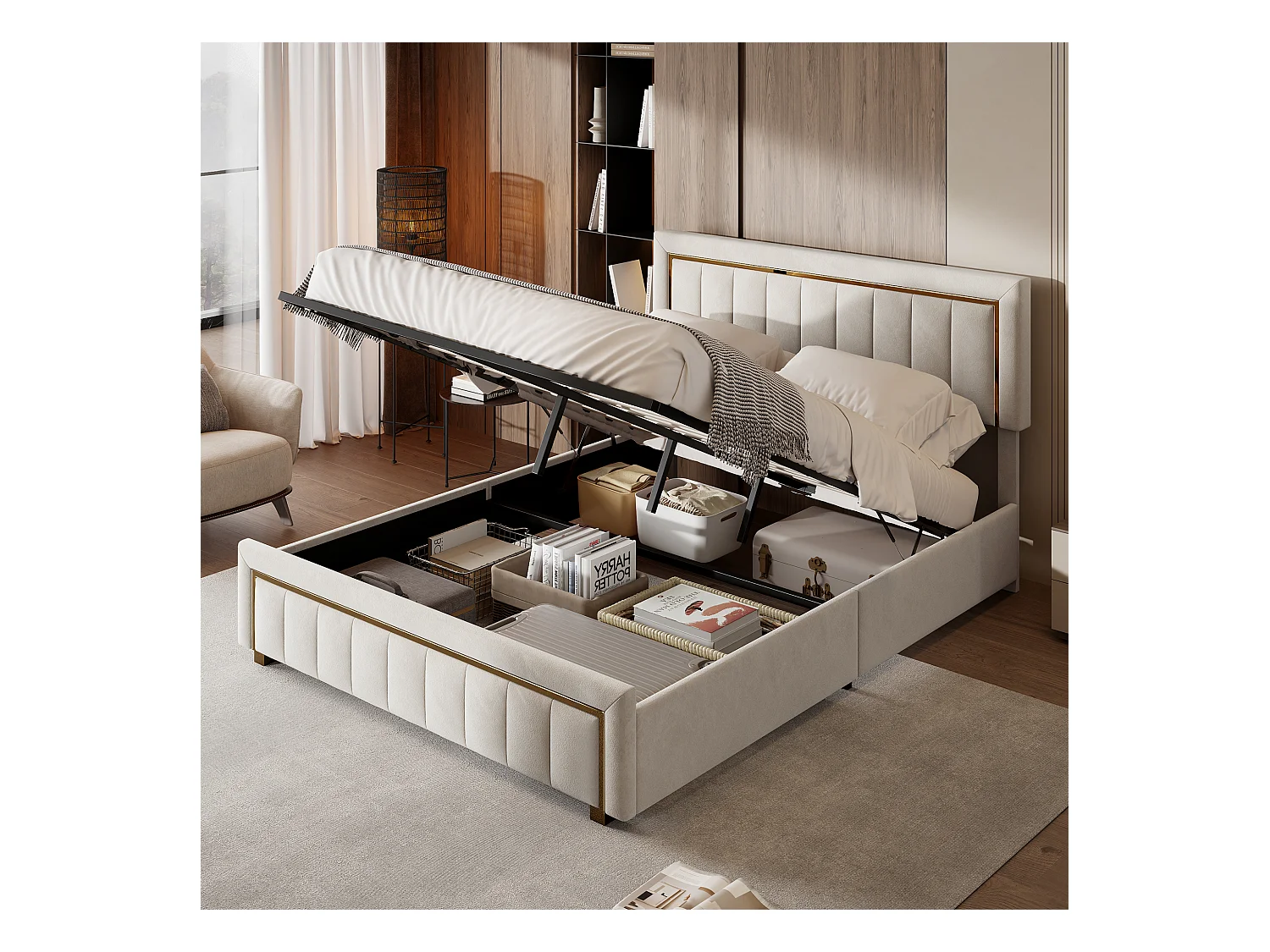 Lit Coffre 160x200 de Rangement, Lits Double avec Hydraulique et sommier à Lattes, Velours, Beige