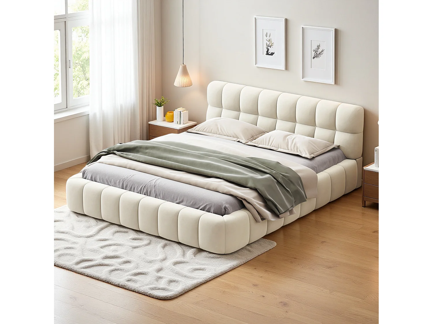 Lit Bubble 140 x 200 cm avec sommier à Lattes et Dossier, lit Double rembourré, Lin, Beige