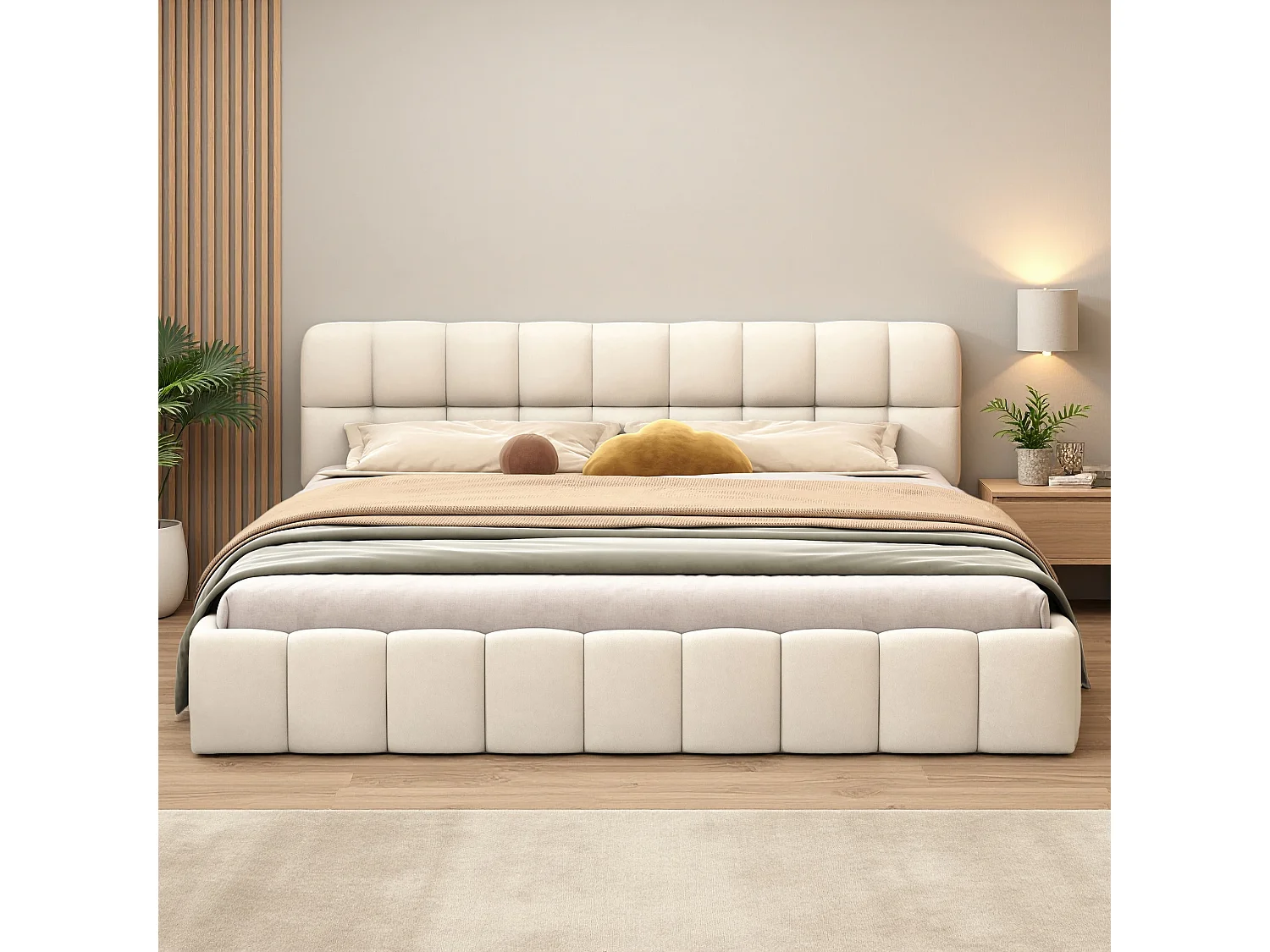 Lit Bubble 140 x 200 cm avec sommier à Lattes et Dossier, lit Double rembourré, Lin, Beige