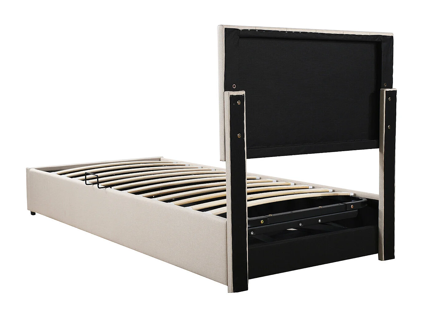 Gestoffeerd kinderbed, 90 x 200 cm, met hydraulische opberglade, in linnen, beige