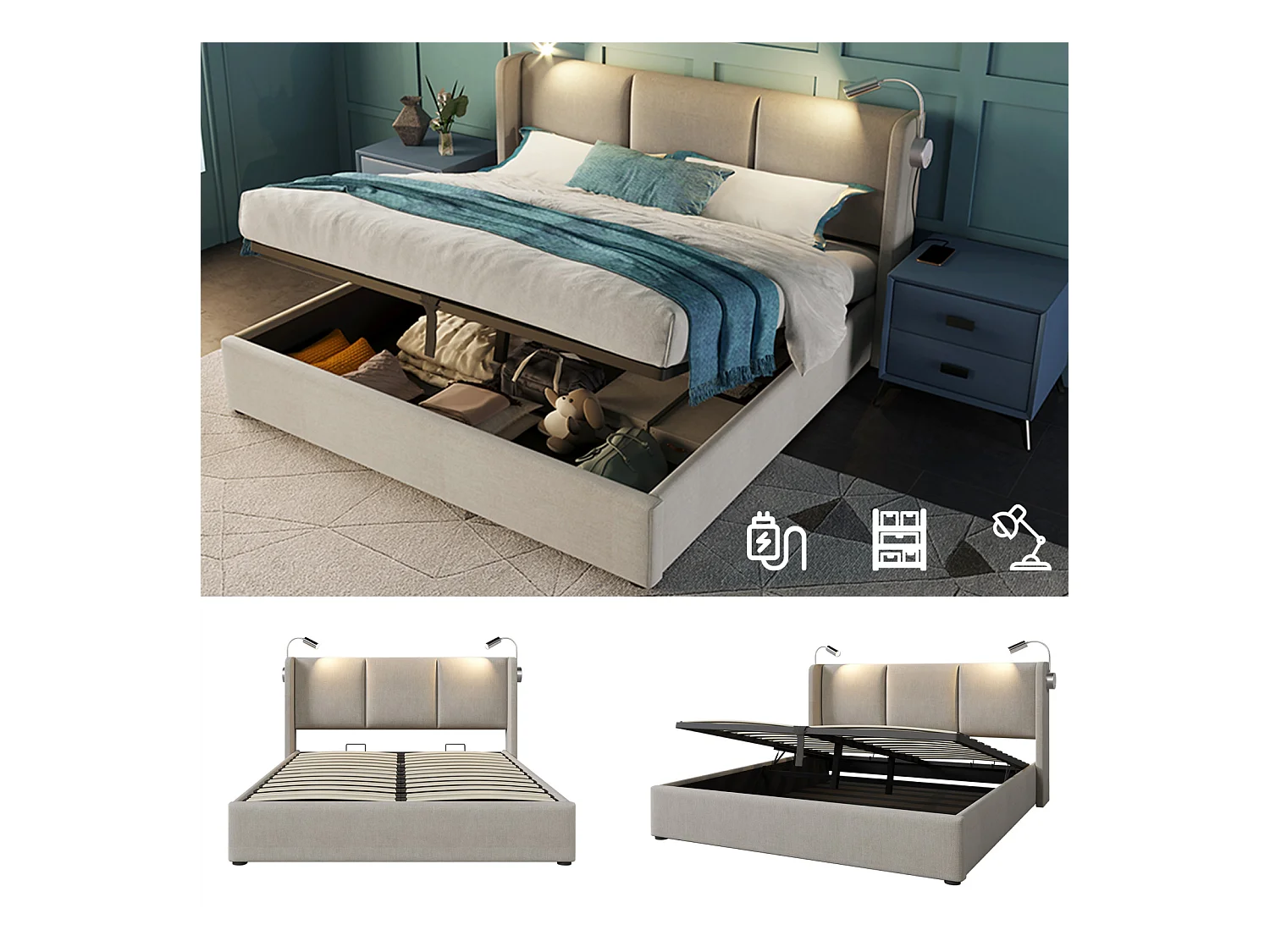 Letto imbottito 160 x 200 cm, Letto matrimoniale, Lampada da lettura con funzione di ricarica, Lino, Beige