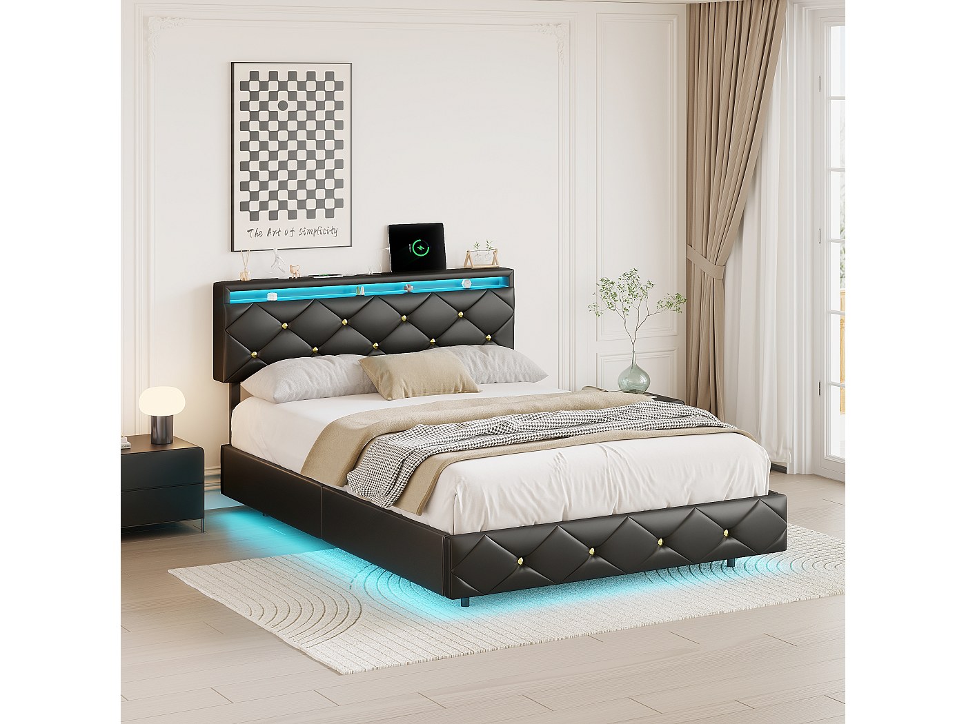 JiaOyu Gestoffeerd bed, 160 x 200 cm, met ledverlichting, tweepersoonsbedframe met hoofdeinde en lattenbodem, hydraulisch opbergbed, tienerbed voor slaapkamer, zonder matras, zwart LED, 160 x 200 cm