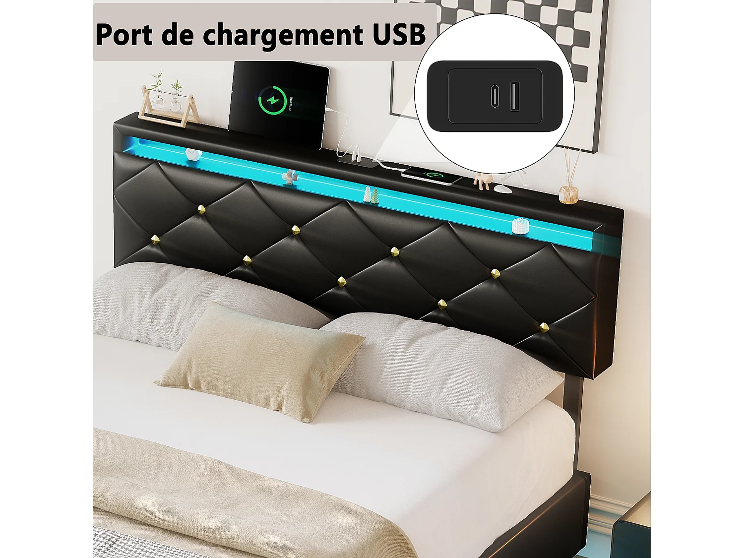 Cama de 160x200 con LED y USB, Estructura de Cama Matrimonial Flotante con Lamas de Madera, PU, Color Negro