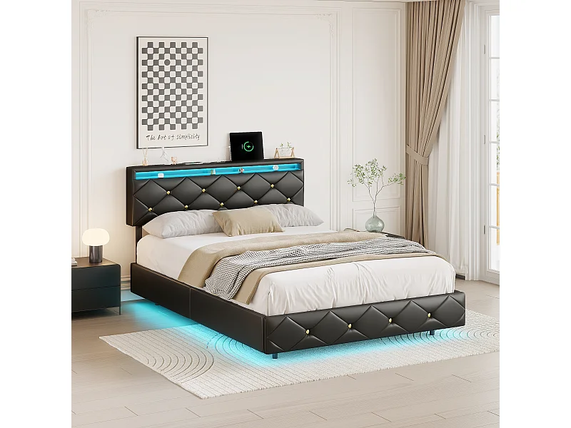 Bed 160x200 met LED en USB, hangend tweepersoonsbedframe met houten lattenbodem, PU, zwart