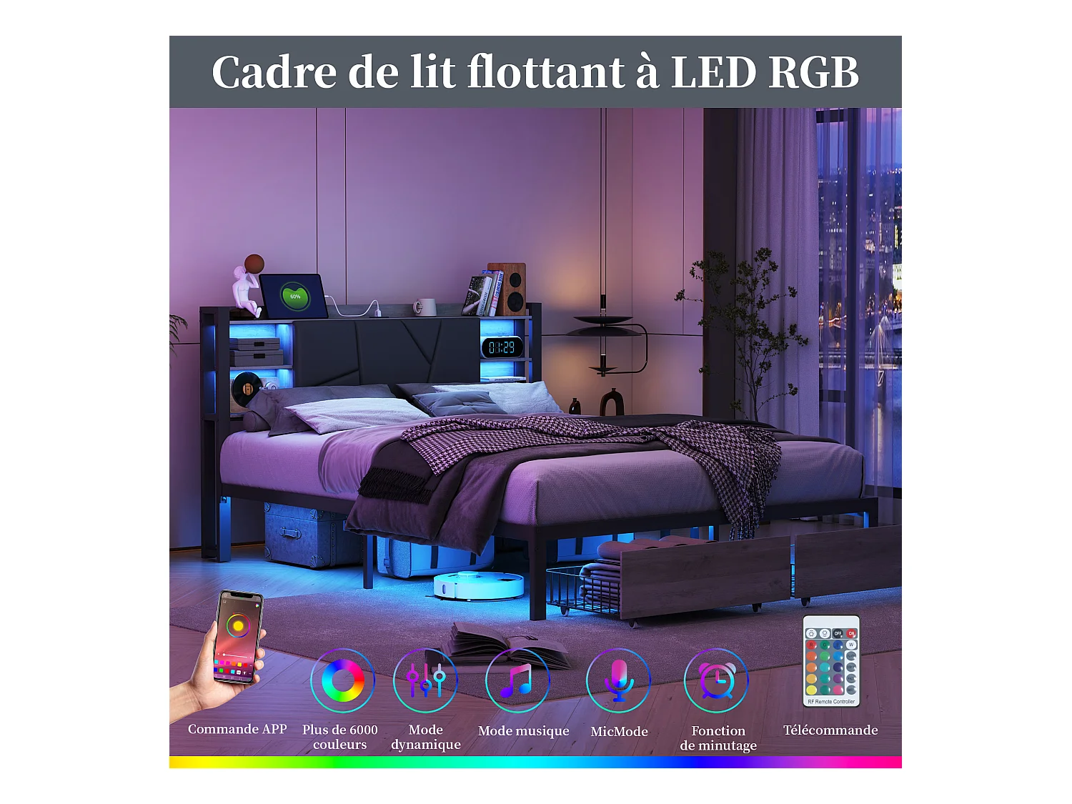 Cama de casal metálica 140 x 200 cm com LED e USB, com arrumação, estrado de ripas, preta