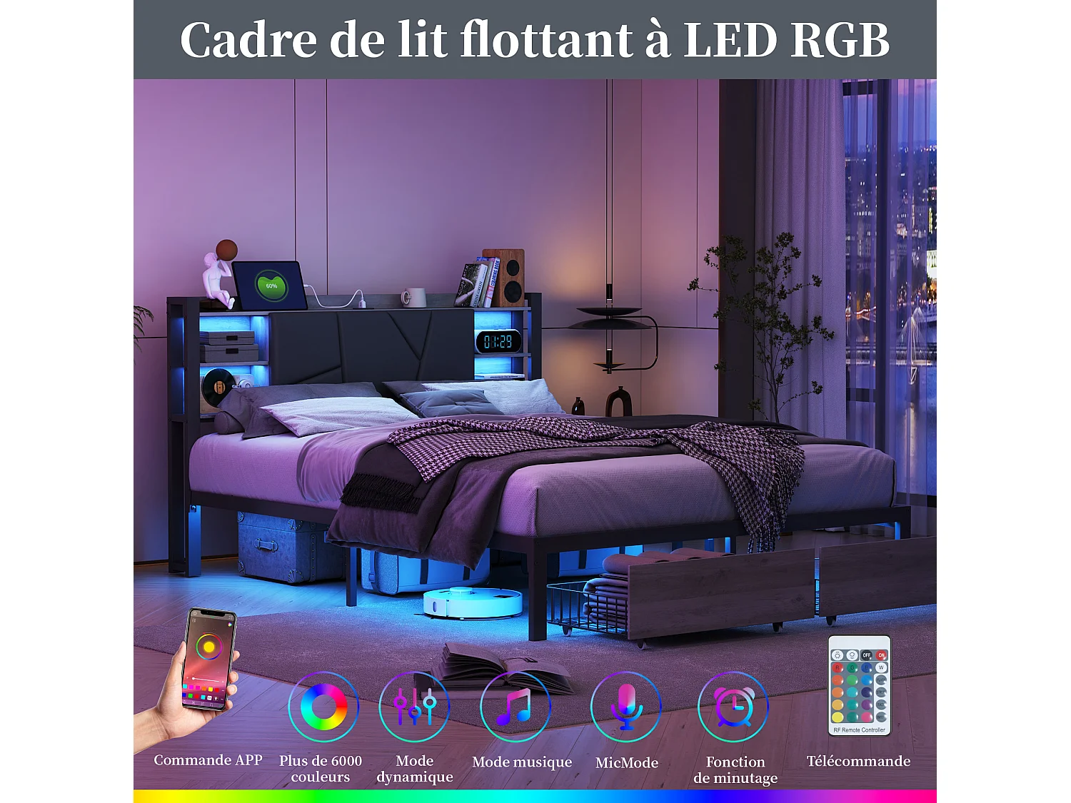 Lit Double en Métal 140 x 200 cm avec LED et USB, avec Rangement, Sommier à Lattes, Noir