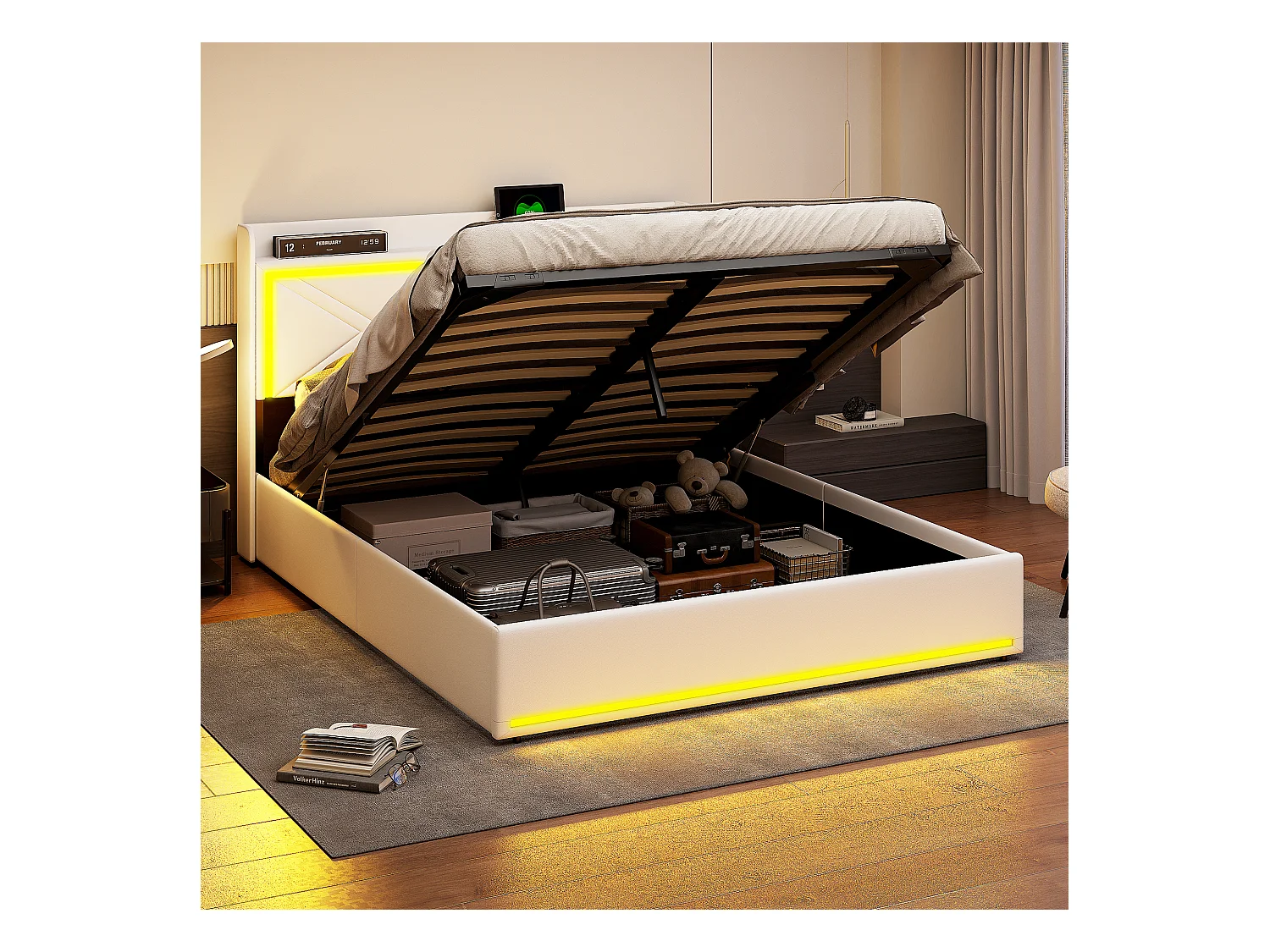 Letto matrimoniale 140 x 200 cm, con LED e presa USB, letto contenitore, con rete a doghe, bianco