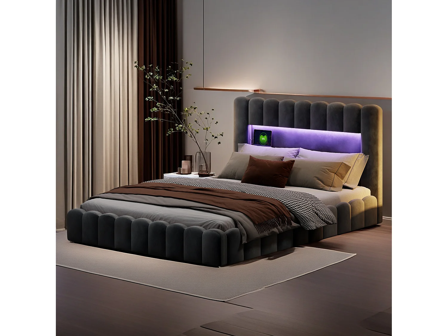 Lit double rembourré, à bulles, 180 x 200 cm, avec LED et USB, lit de rangement, Gris