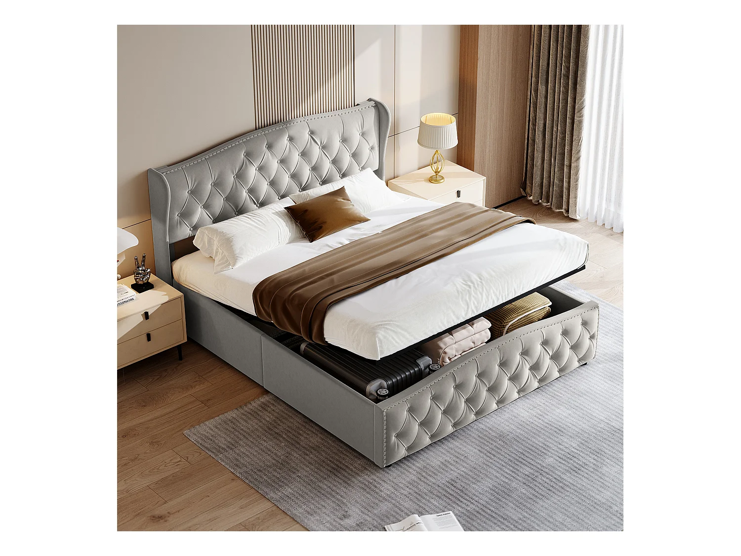 Cama estofada com armazenamento 140 x 200 cm, com cabeceira Wave Line, cinza