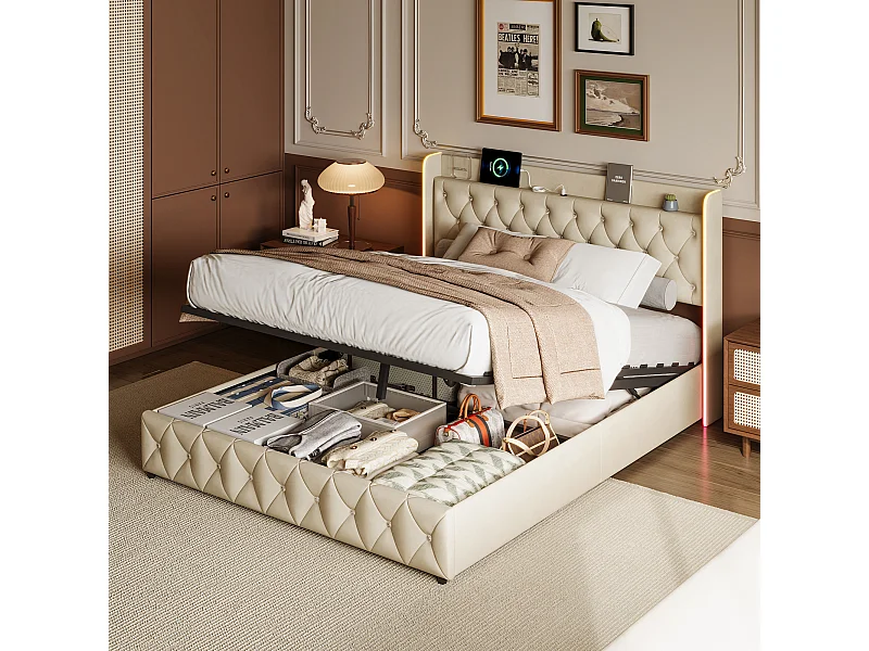 Lit Coffre 160x200 cm avec sommier à Lattes,Tête de lit avec Port USB de Type C, LED, Velours, Beige