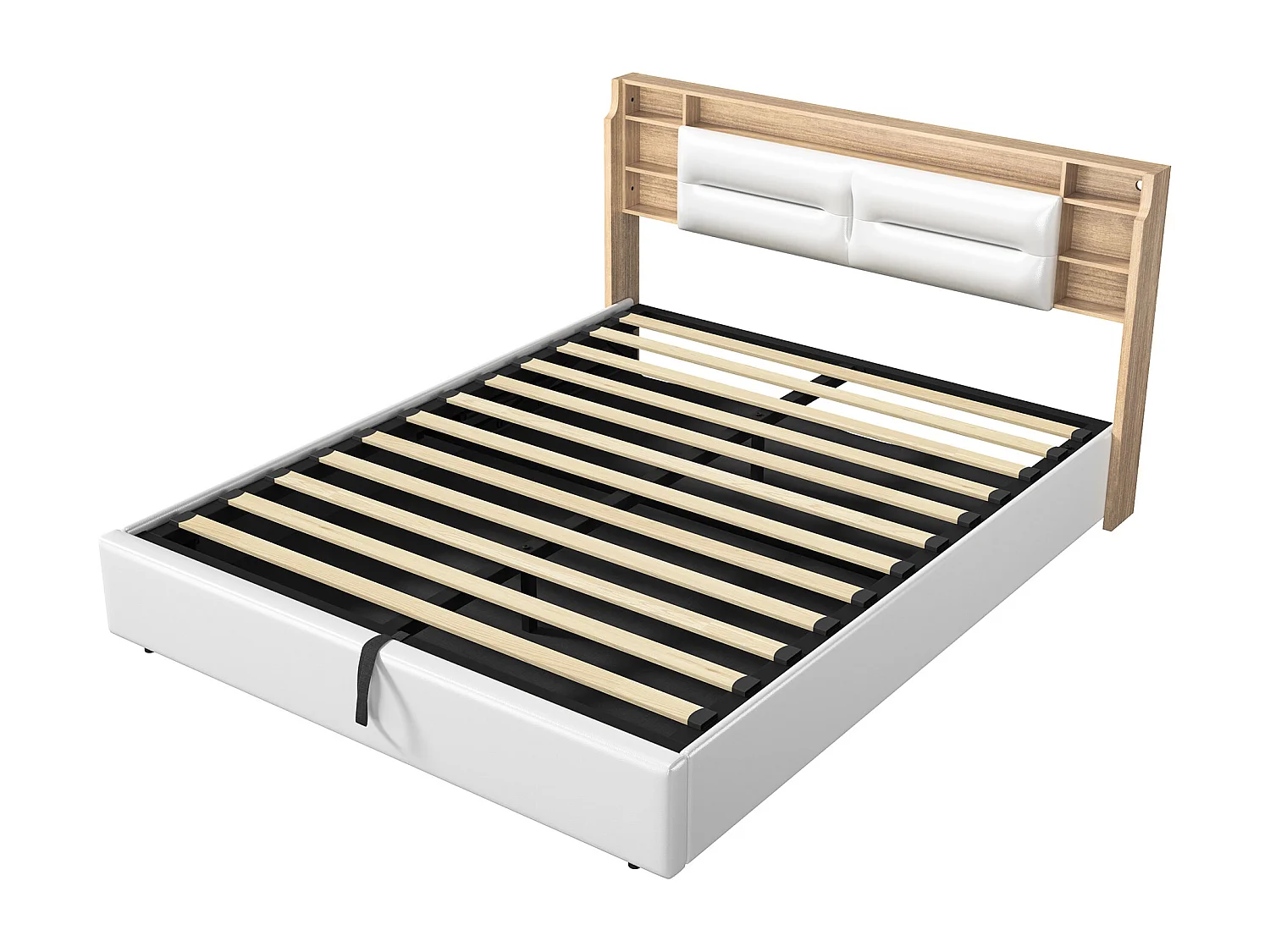 Cama tapizada, 160 x 200 cm, con LED y carga USB, cama doble, espacio de almacenamiento, PU, blanco