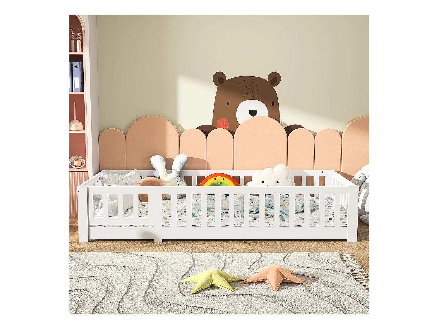 Cama infantil de 90 x 200 cm - Cama infantil de suelo en madera natural con barandilla y base - Blanco