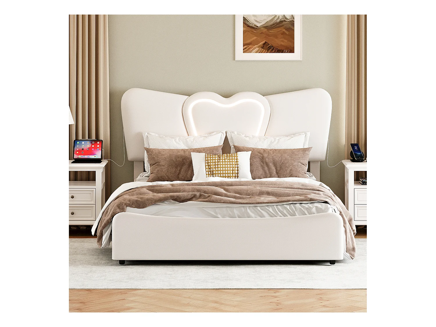 Letto contenitore in velluto beige 140x200 cm con testiera LED a forma di cuore e porta USB