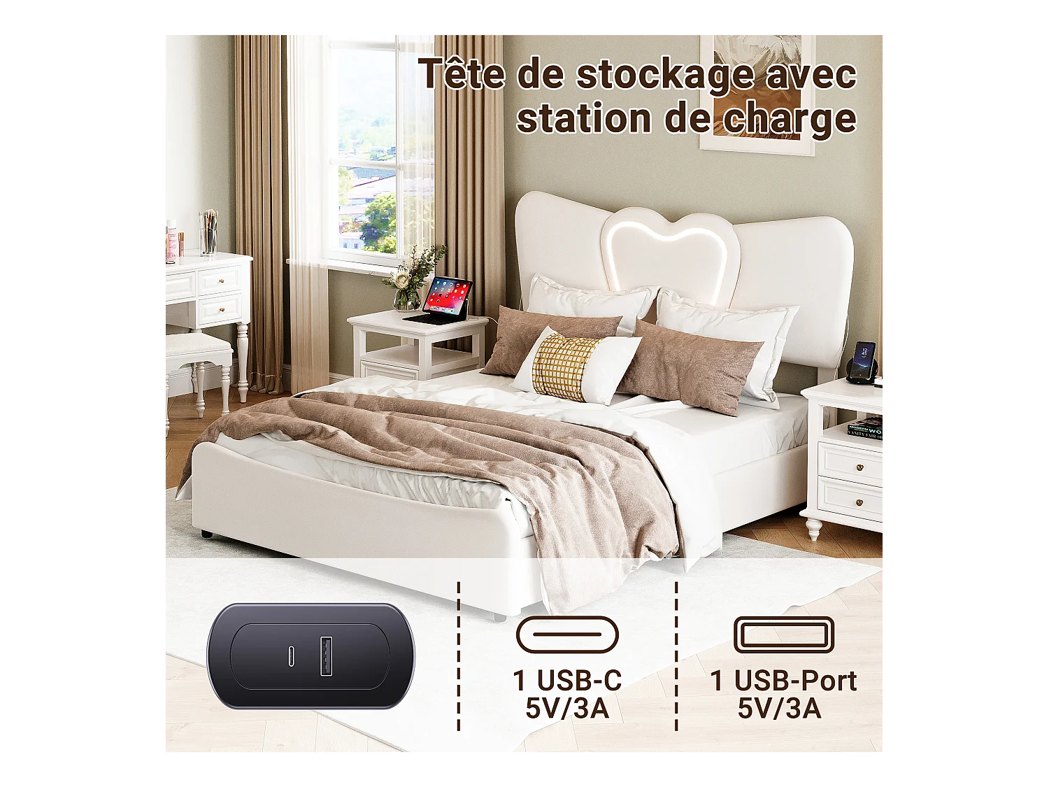 Letto contenitore in velluto beige 140x200 cm con testiera LED a forma di cuore e porta USB