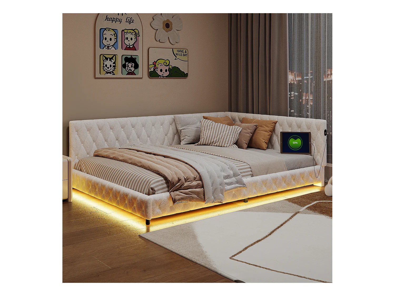 Estructura de cama de 140x200, Cama Doble de Terciopelo, con LED y USB, con Somier de Láminas, Beige