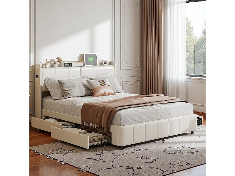 Cama 160x200 cm com estrado de ripas, com 4 gavetas de arrumação e carregamento USB, PU, Branco