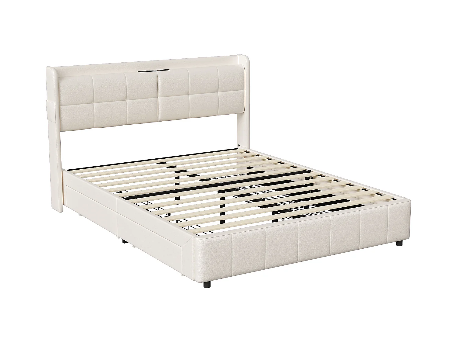 Letto 160x200 cm con rete a doghe, con 4 cassetti contenitori e ricarica USB, PU, Bianco