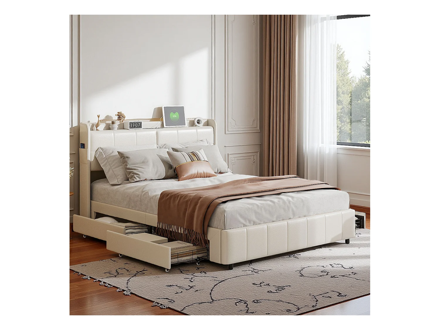 Cama 160x200 cm com estrado de ripas, com 4 gavetas de arrumação e carregamento USB, PU, Branco