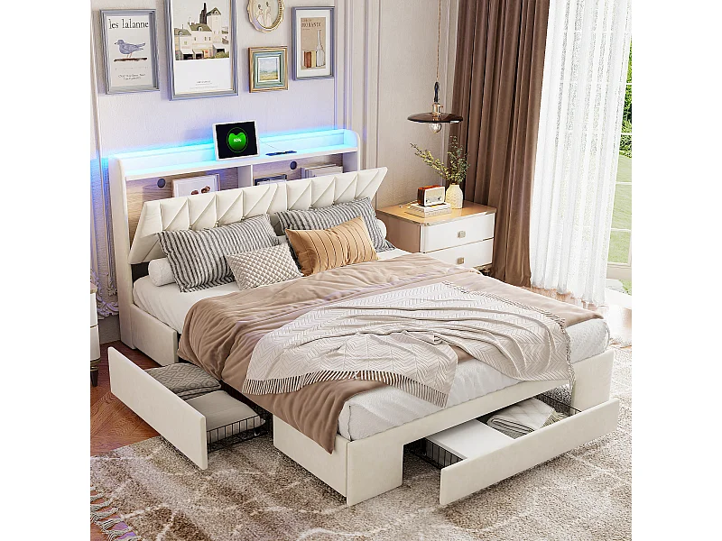 Cama de 140x200 con base LED y USB, cama de matrimonio, cabecero con almacenaje, terciopelo, beige
