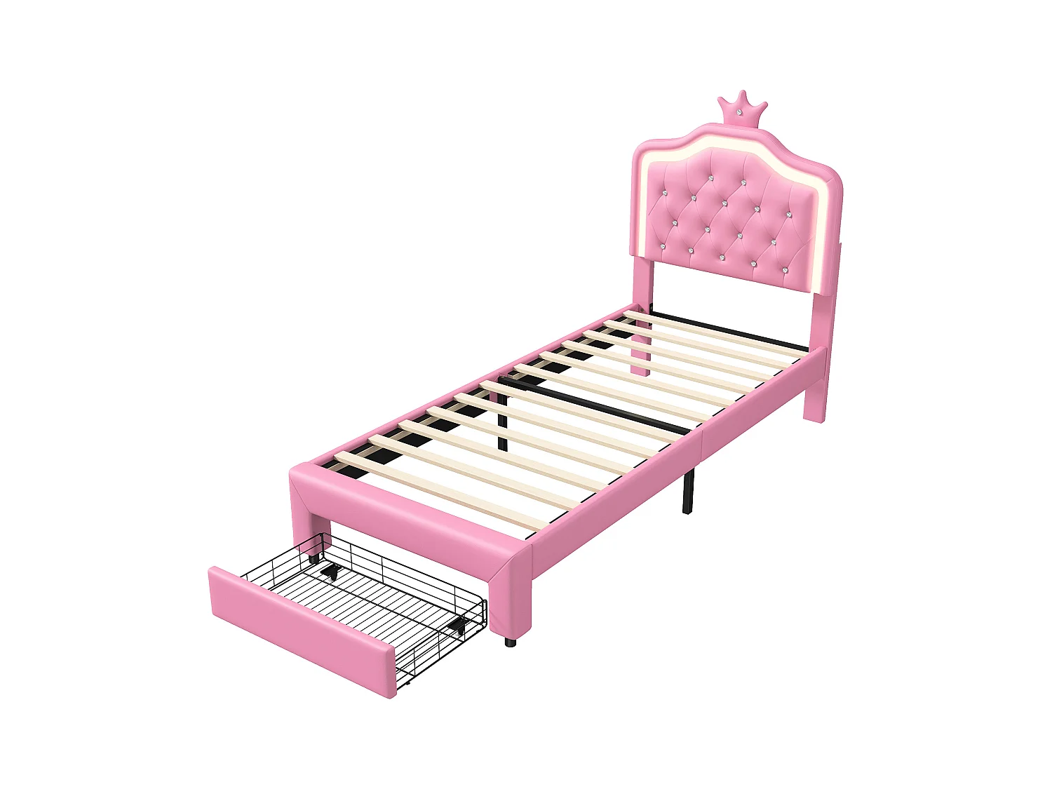 Cama tapizada 90x200 cm, con cajones, LED, con somier y respaldo, color rosa