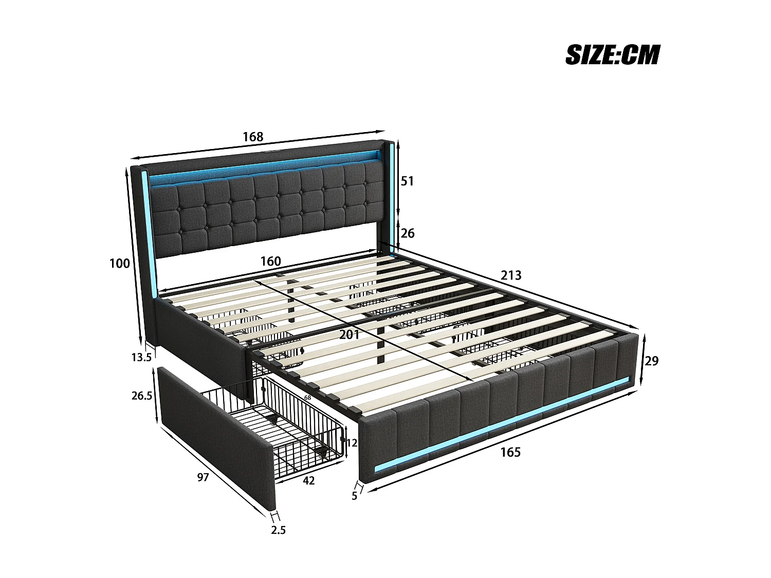 Cama de armazenamento 160x200 cm, cama de casal estofada com USB e tipo C, LED, com 4 gavetas, linho, cinza