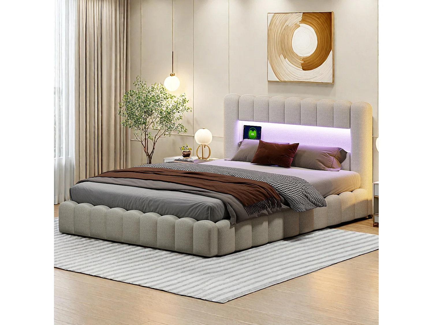 Letto matrimoniale imbottito, stile bubble, 160 x 200 cm, con LED e porte USB, letto contenitore, Beige