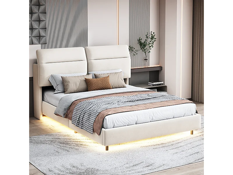 Gestoffeerd bed 140 x 200, met LED en opklapbaar hoofdeinde, opbergvak, fluweel, wit