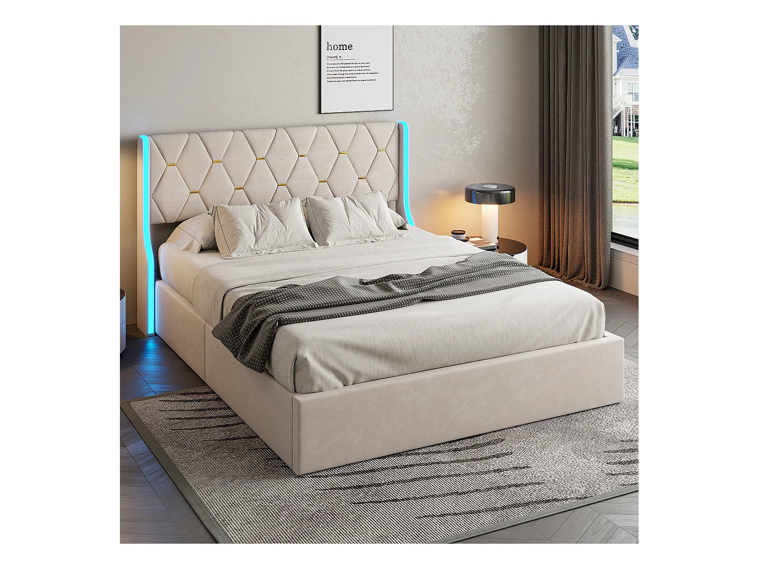 Cama de arrumação 160x200 cm com base, com LED, estrado de ripas, Veludo, Bege